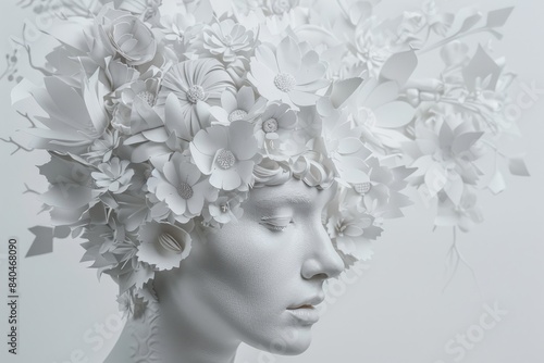 White floral sculpture of a face with intricate paper flowers and branches © dima040293