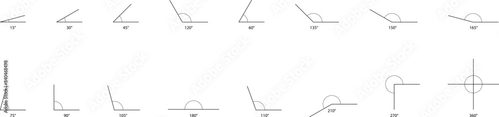 Angle icons set. 15, 30, 35, 45, 60, 90, 105, 110, 120, 135, 150, 180, 210, 270, 360 degrees measure. Geometric symbol. Mathematical elements. Vector illustrations. Angle icons set. 15, 30, 35, 45, 60, 90, 105, 110, 120, 135, 150, 180, 210, 270, 360 degrees measure. Geometric symbol. Mathematical elements. Vector illustrations.