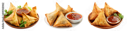 Set of Indian samosas in plate with sauce, special samosas, on transparent background