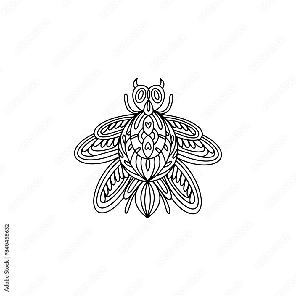 A black and white drawing of a butterfly with a large eye and a small one. The butterfly has a pattern of leaves and flowers on its wings A black and white drawing of a butterfly with a large eye and a small one. The butterfly has a pattern of leaves and flowers on its wings