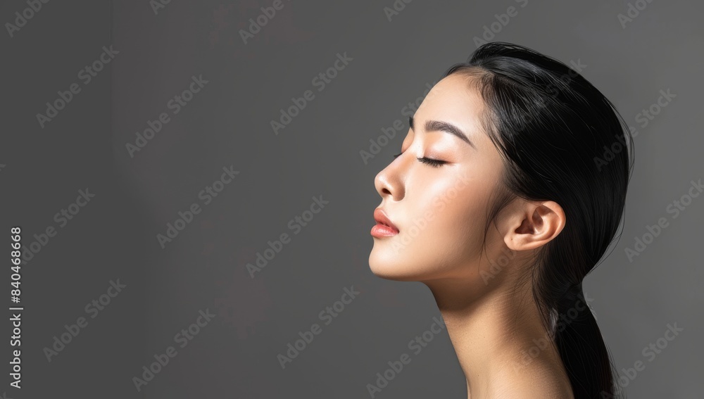 Beautiful woman with perfect skin portrait on gray background, close up of beautiful young asian model in profile looking away from camera Beautiful woman with perfect skin portrait on gray background, close up of beautiful young asian model in profile looking away from camera