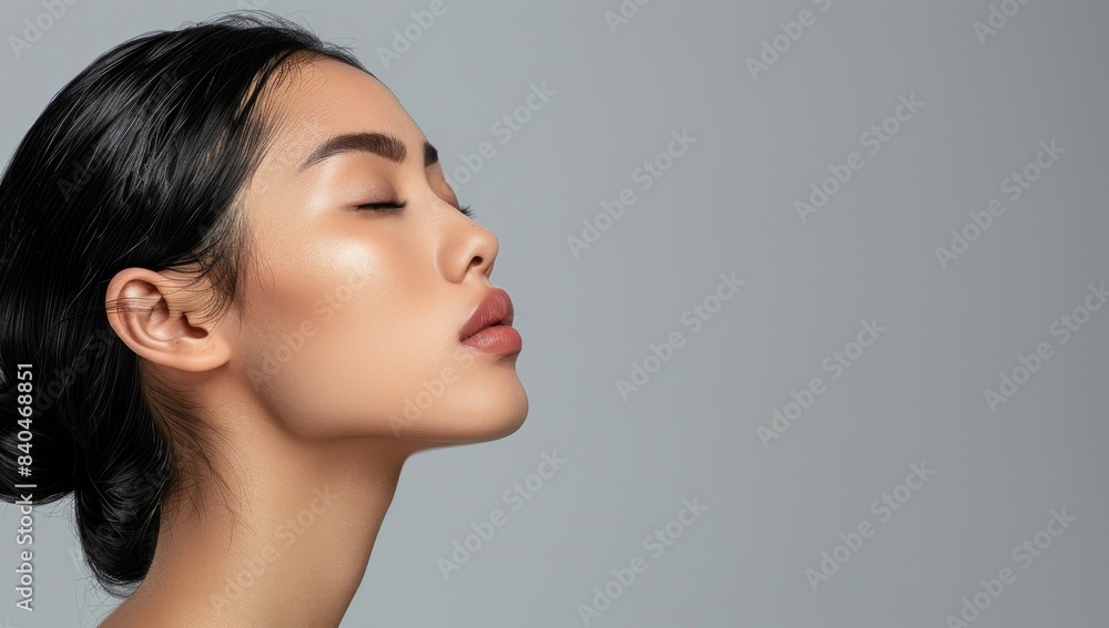 Beautiful woman with perfect skin portrait on gray background, close up of beautiful young asian model in profile looking away from camera