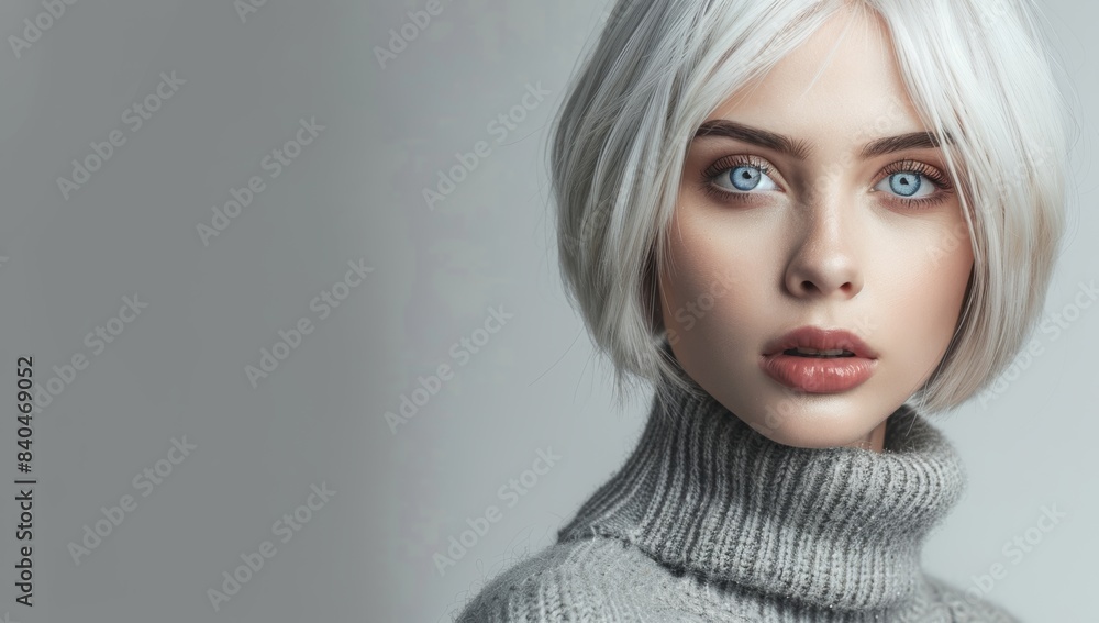Beautiful young woman with white hair in a hairstyle bob cut, blue eyes and bright makeup wearing a stylish turtleneck sweater posing on a gray background. Fashion portrait of an attractive girl Beautiful young woman with white hair in a hairstyle bob cut, blue eyes and bright makeup wearing a stylish turtleneck sweater posing on a gray background. Fashion portrait of an attractive girl