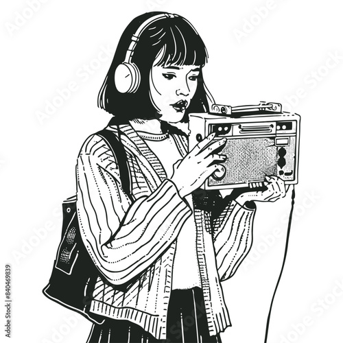 Young woman listening to music on headphones from a vintage radio, vector