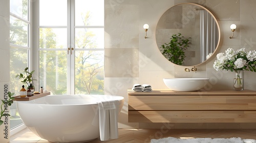 Modern bathroom with round mirror  white sink and wooden vanity  neutral tones  fresh flowers in vases on the countertop  beige wall tiles  bright lighting from sconces above washbasin.