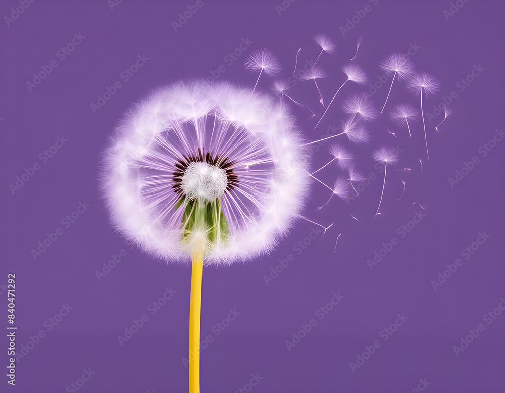 Fototapeta premium Elegant dandelion on a solid purple background, designed with blank text space