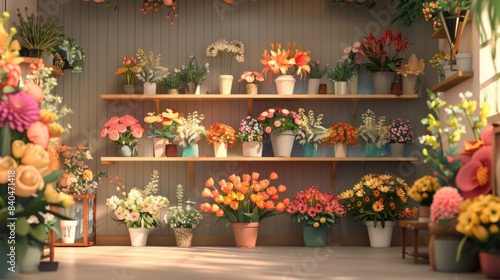 A photo of a flower shop with many flowers on shelves. photo
