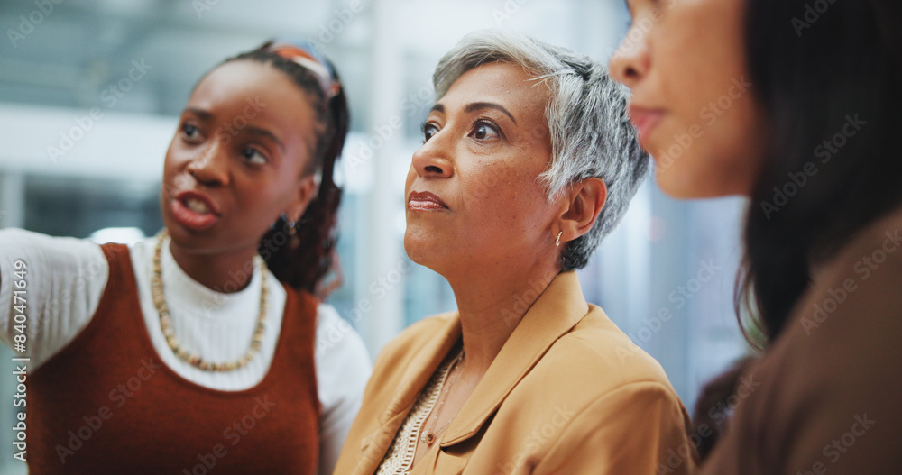 Fototapeta premium Business women, meeting and thinking in office for planning project with questions and help from manager. Corporate group, teamwork and collaboration with advice and feedback for proposal progress