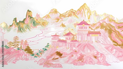 Pink and gold green mountain pavilion illustration poster background
