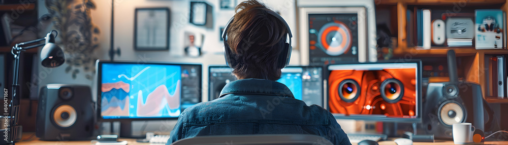 Social media influencer in home studio analyzing audience data, highlighting engagement metrics content strategy on computer Photo Realistic Stock Concept Social media influencer in home studio analyzing audience data, highlighting engagement metrics content strategy on computer Photo Realistic Stock Concept