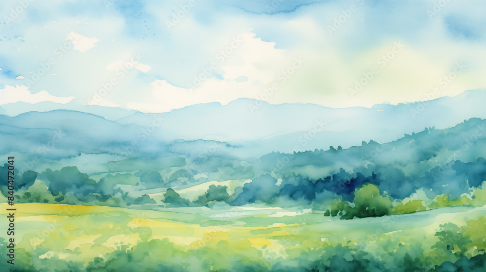 Fototapeta premium Watercolor summer landscape of rolling hills