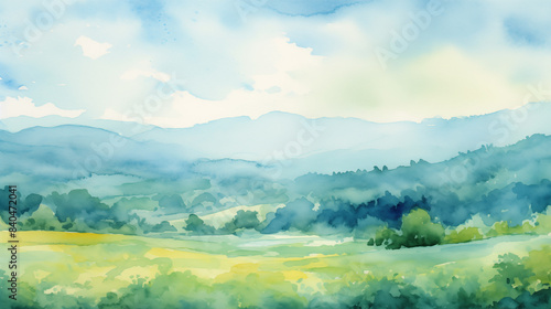 Watercolor summer landscape of rolling hills