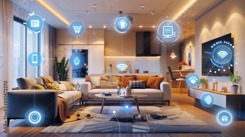 Living room integrated with smart home technology, showcasing digital icons for various smart functionalities and home automation.