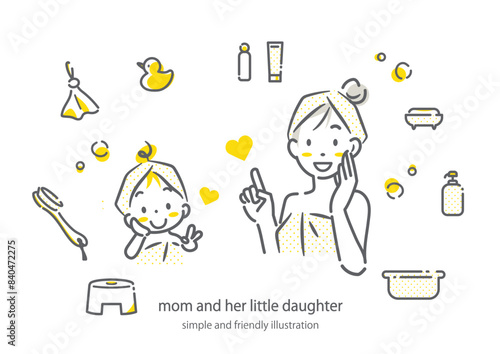 しっとり肌に満足しているお風呂あがりの若いお母さんと小さな女の子　シンプルでお洒落な線画イラスト