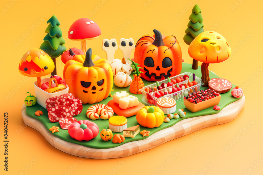 A Halloween-themed snack board featuring a variety of festive foods, including Jack-O'-Lanterns, mushrooms, and decorated treats A Halloween-themed snack board featuring a variety of festive foods, including Jack-O'-Lanterns, mushrooms, and decorated treats