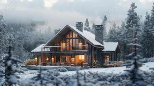 Realistic rendering of a cozy house in a snowy winter forest