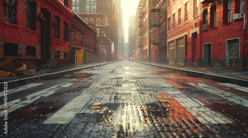 Realistic street painting of an urban alleyway after rain with red brick buildings photo