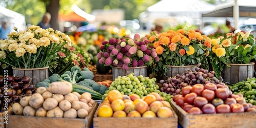 Immerse in vibrant farmers market with fresh produce flowers and artisanal treats. Concept Farmers Market, Fresh Produce, Flowers, Artisanal Treats, Vibrant Atmosphere