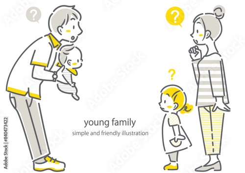 注目する若い4人家族　シンプルでお洒落な線画イラスト