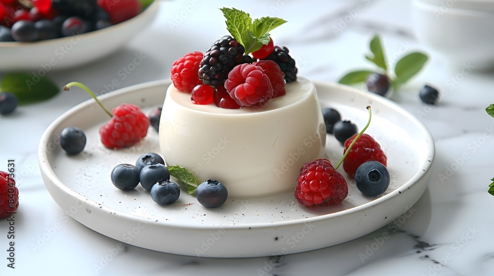 Panna Cotta on a white plate, on a marble table, surrounded by fresh berries and mint leaves, soft lighting accentuating the creamy texture of panna cotta. Panna Cotta on a white plate, on a marble table, surrounded by fresh berries and mint leaves, soft lighting accentuating the creamy texture of panna cotta.