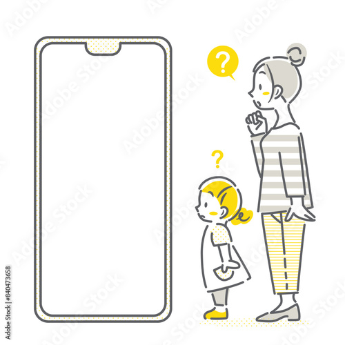 スマホ画面を見るお母さんと小さな女の子　シンプルでお洒落な線画イラスト