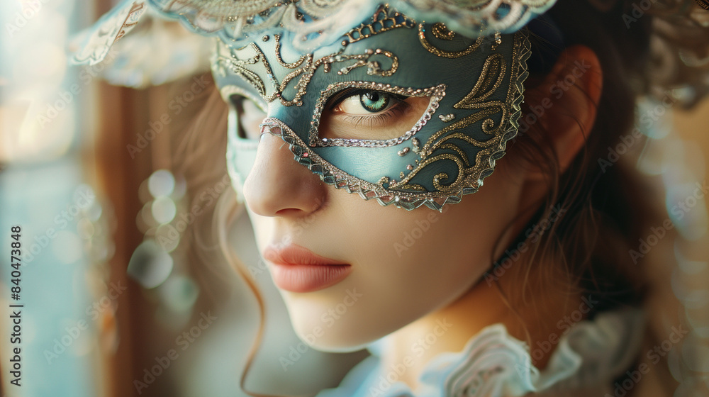 A lady in a beautiful ball gown and an intricately decorated mask, adding mystery and elegance to the entire carnival scene. A lady in a beautiful ball gown and an intricately decorated mask, adding mystery and elegance to the entire carnival scene.