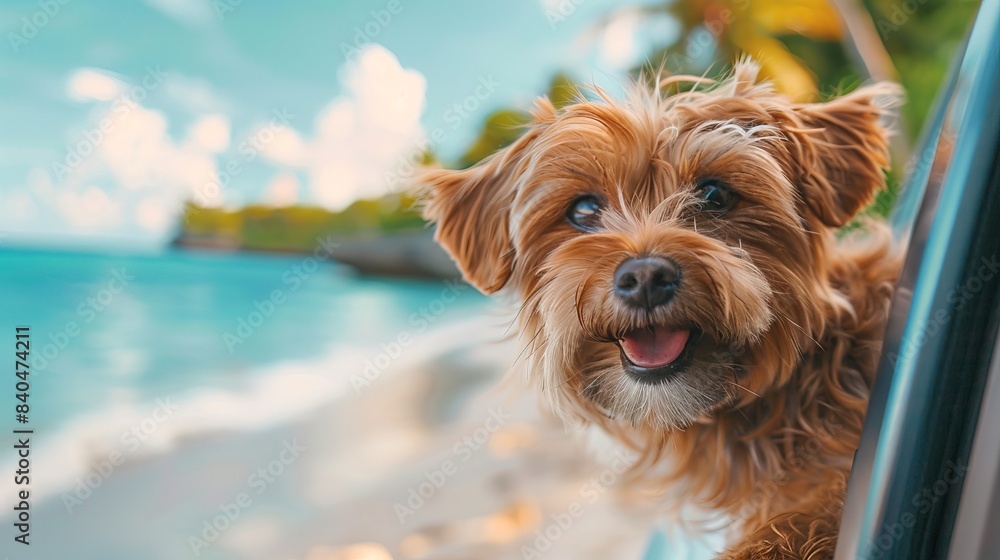 A funny cute dog looks out of the car window on the road to the ocean A funny cute dog looks out of the car window on the road to the ocean
