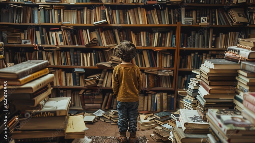 A child standing among many books A child standing among many books
