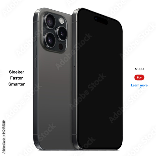 new frameless smartphone grey color with black screen, front and backside view isolated on white background. mockup of realistic and detailed mobile phone with shadow. vector 3d isometric illustration