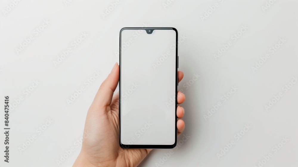 Hand holding a blank smartphone screen with a clean white background. Hand holding a blank smartphone screen with a clean white background.