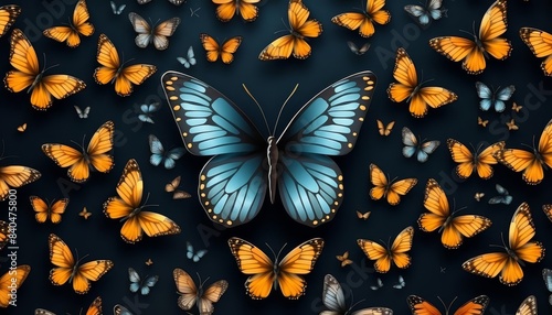 Butterfly mimicry patterns flat design, top view, evolutionary biology theme, 3D render, analogous color scheme photo