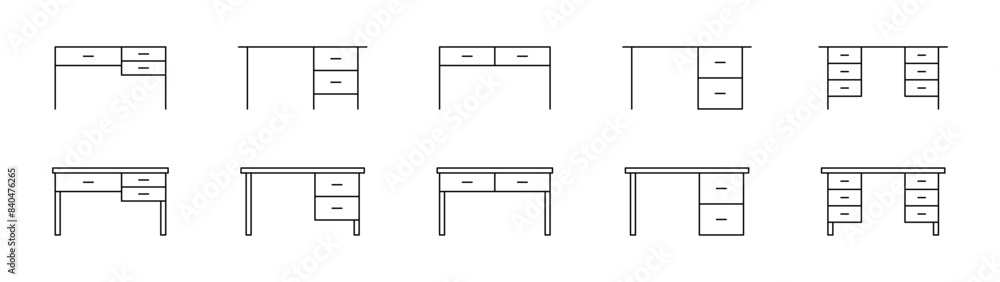 Office table icons set. Office desk, workplace icons collection. Vector Office table icons set. Office desk, workplace icons collection. Vector