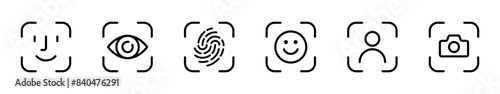 Recognition, scan identification icon set. Face security, id biometric icons collection. Vector