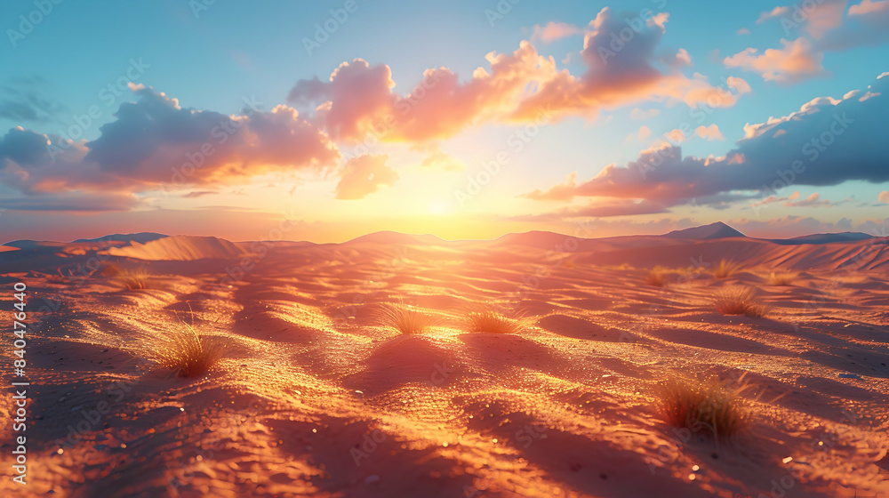 Fototapeta premium An ultra HD view of a nature desert at sunrise, the light casting long shadows and creating a golden glow across the sand