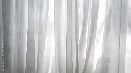 White curtain on white background  transparent sheer material  vertical drapes in the style of curtain material  vertical curtains in the style of curtain fabric.