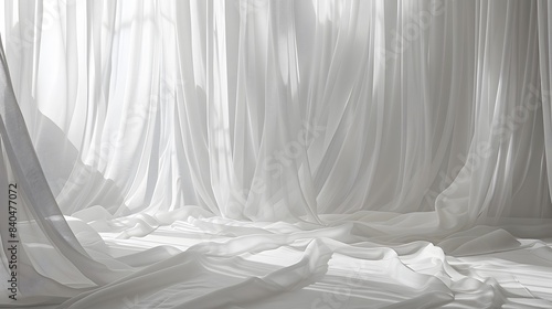 White curtain on white background, transparent sheer material, vertical drapes in the style of curtain material, vertical curtains in the style of curtain fabric.
