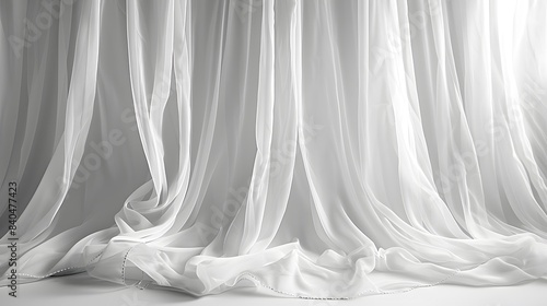 White curtain on white background, transparent sheer material, vertical drapes in the style of curtain material, vertical curtains in the style of curtain fabric.