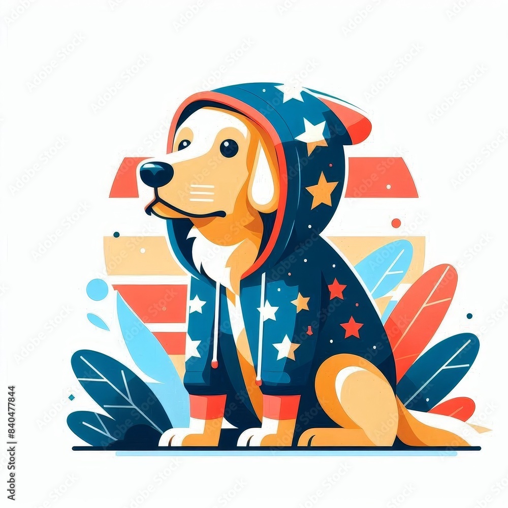 A dog is wearing a blue and red jacket with stars on it