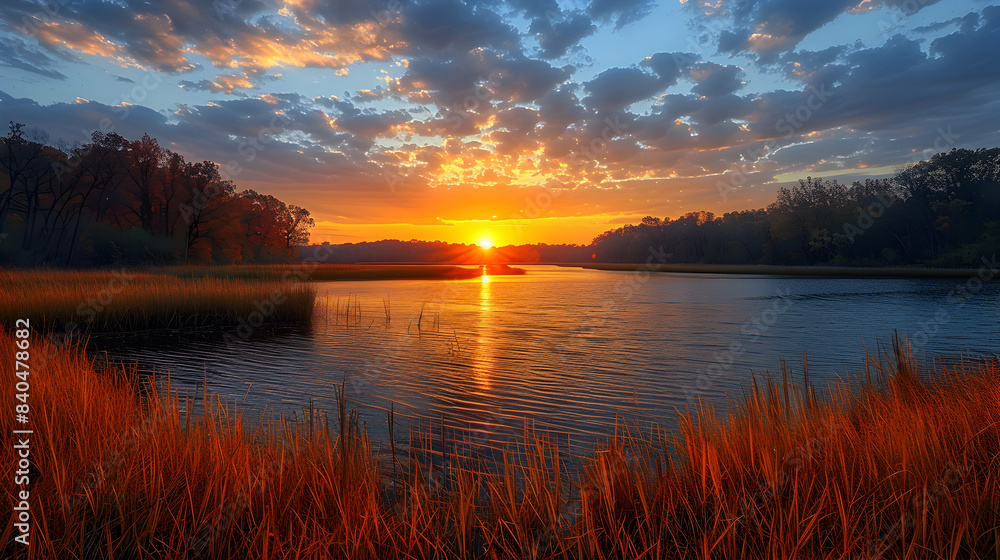 Obraz premium An ultra HD view of a nature riparian meadow at sunrise, the light casting long shadows and creating a golden glow among the grasses
