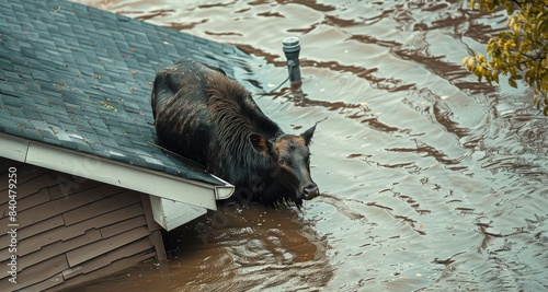 black boar stuck in deep floodwater on the roof