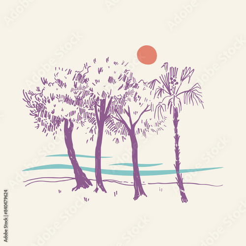 Panoramic view of beech trees and calm sea, sketch hand drawn vector illustration of seaside with palm, tree, water, sun, marine motive. Abstract coast landscape, Travel, nature vacation, summer