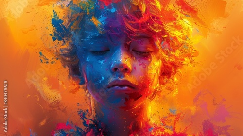 Holi festival illustration with a child adorned in colorful paint  showcasing the vibrant and lively atmosphere of the celebration. Ends with AI Generative.