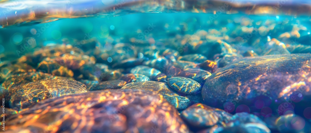 Close-up sea wave landscape with boulders and calm waves on the beach with underwater light reflection, blurred focus Close-up sea wave landscape with boulders and calm waves on the beach with underwater light reflection, blurred focus