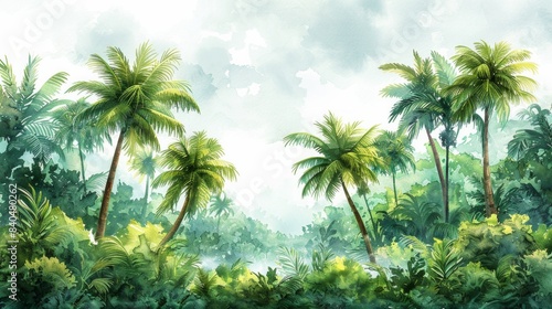 Watercolor illustration of a tropical paradise with tall palm trees and dense greenery under a cloudy sky. AI Generative.