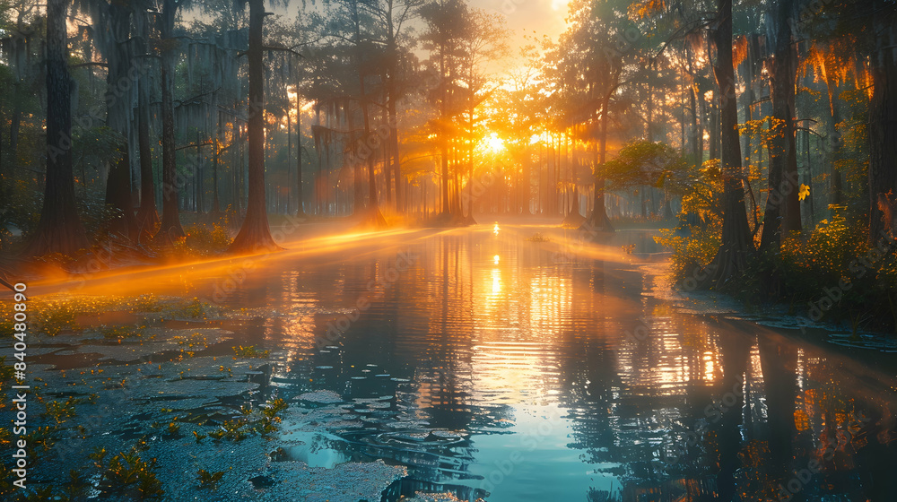 An ultra HD view of a nature swamp at sunrise, the light casting long shadows and creating a golden glow among the trees An ultra HD view of a nature swamp at sunrise, the light casting long shadows and creating a golden glow among the trees