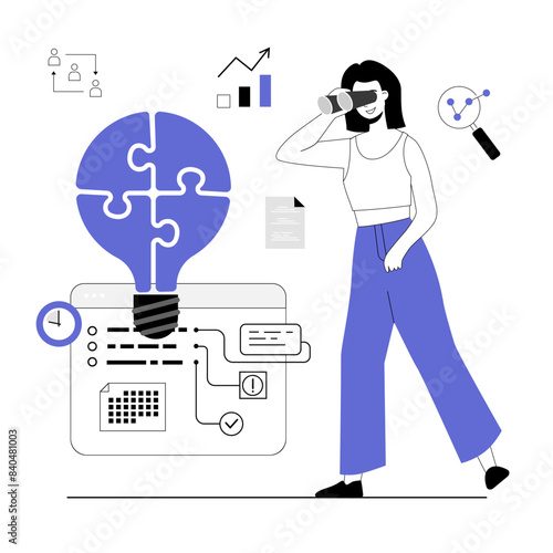 Finding ideas, solutions, brainstorming process. Woman looking through binoculars for new business ideas. Vector illustration with line people for web design.