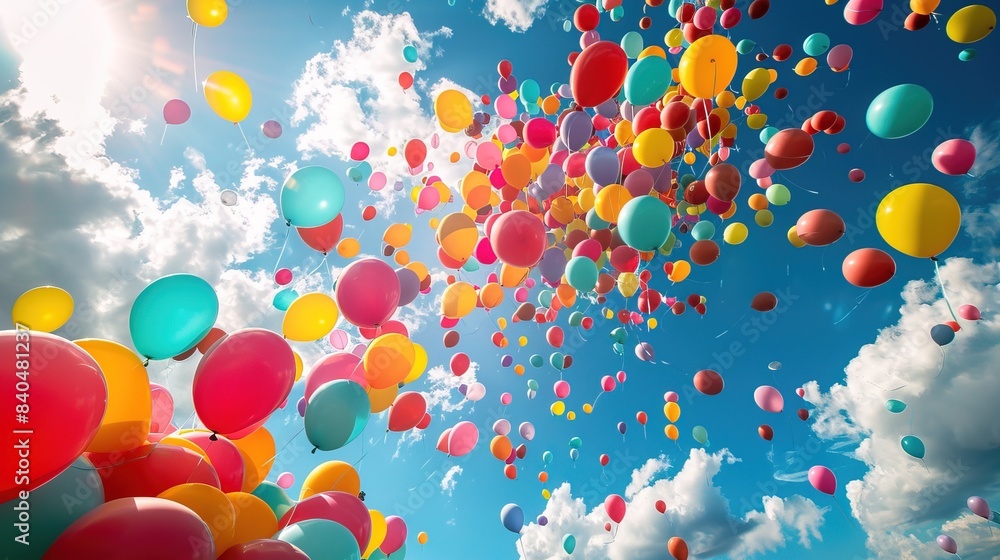 Countless colorful balloons flying into the blue sky, close up Countless colorful balloons flying into the blue sky, close up