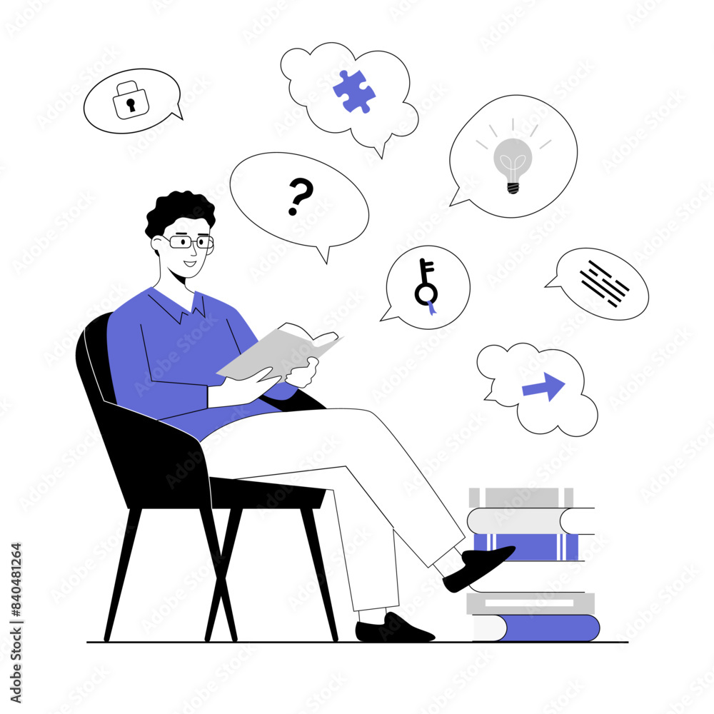 Finding ideas, solutions, brainstorming process. Man researching books for finding information and project development. Vector illustration with line people for web design. Finding ideas, solutions, brainstorming process. Man researching books for finding information and project development. Vector illustration with line people for web design.