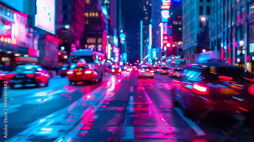 Defocused urban street lights with motion blur at night.