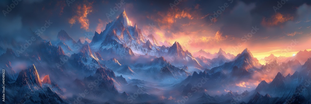 Fototapeta premium snowy mountain at dusk twilight time beautiful ethereal scenery with misty crisp drifting over 